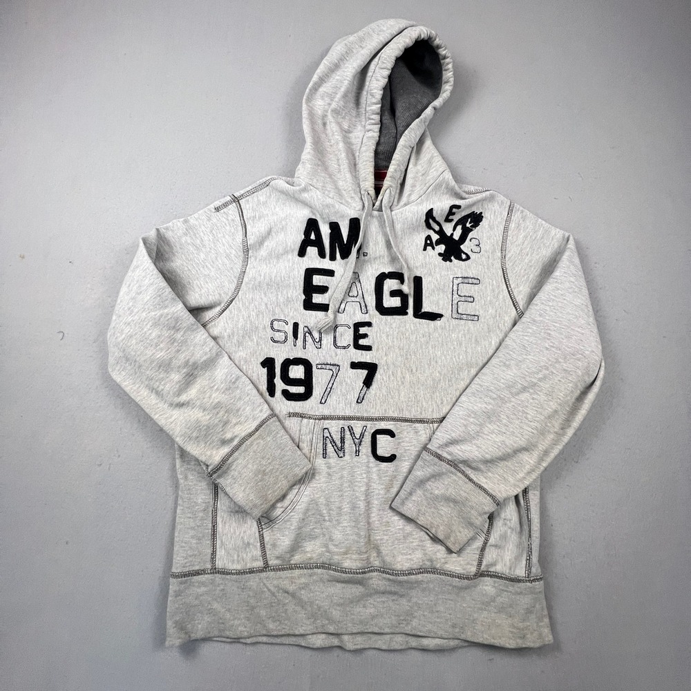 American Eagle Hoodie Mens XL Grey Graphic Pullover‎ Distressed Y2K Streetwear
